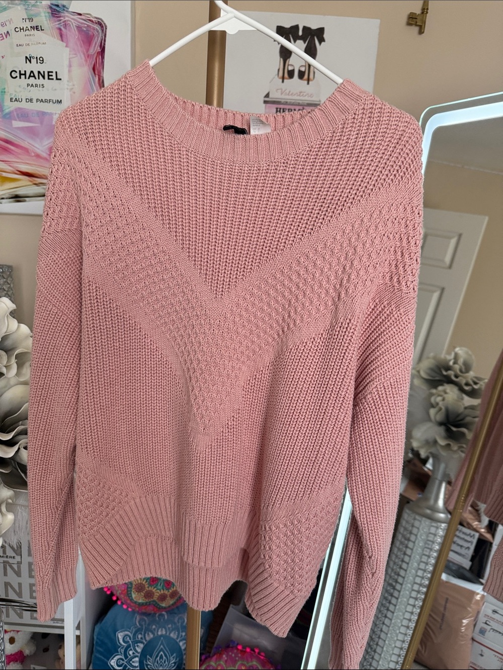 H&M Dusty Pink Textured Crew Neck Sweater